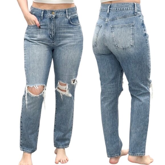 Triarchy Stove Pipe High-Rise Destroyed Distressed Jeans in Light Indigo Denim - Picture 3 of 16